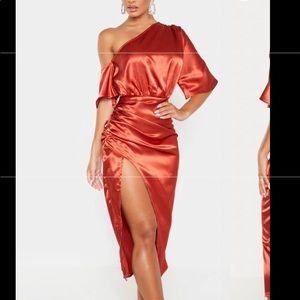 Rust satin one shoulder midi dress